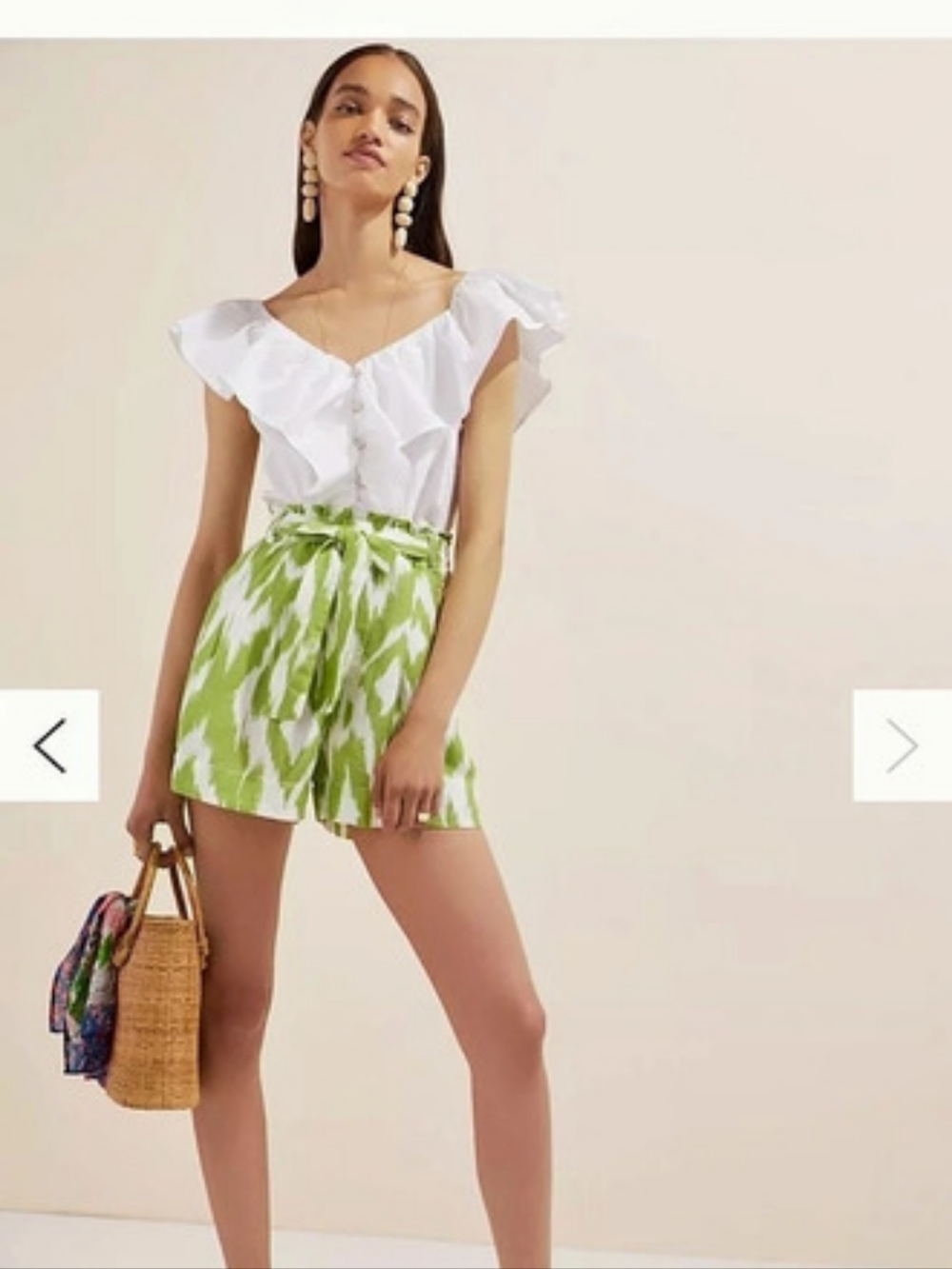 Anthropologie Breezy Paperbag Shorts High Waist Green & White